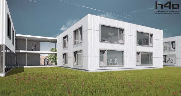 Das Modell zeigt im Vordergrund ein Lernhaus. Im Hintergrund links sieht man die teils offene Magistrale. - © Architekten h4A