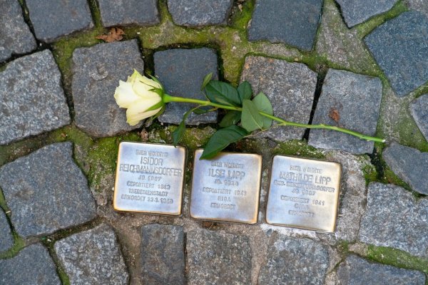 Eine Rose liegt neben drei Stolpersteinen in der Bamberger Innenstadt. So öhnlich könnte es in Blomberg auch bald aussehen. - © (c) Copyright 2021, dpa (www.dpa.de). Alle Rechte vorbehalten