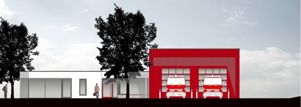 So sieht der Entwurf des Planungsbüros Brand Architekten aus Lemgo für das neue Feuerwehrgerätehaus in Donop mit einer dynamisch gezeichneten Fahrzeughalle aus. - © Planungsbüro Brand Architekten