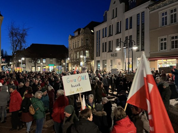Weit über 500 Bürgerinnen und Bürger haben auf dem Lagenser Marktplatz für den Erhalt der Demokratie demonstriert, nachdem das Medienhaus Correctiv über Geheimpläne unter anderem von AfD-Politikern berichtet hatte. - © Archivfoto: Sandra Castrup