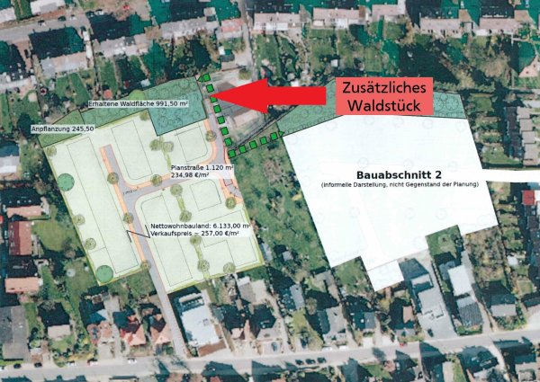 So soll es nun werden. Im geplanten Baugebiet am Pöstenweg soll eine kleine Waldfläche extra erhalten bleiben - dadurch entfällt ein möglicher Bauplatz. Der Quadratmeterpreis steigt. - © Till Brand