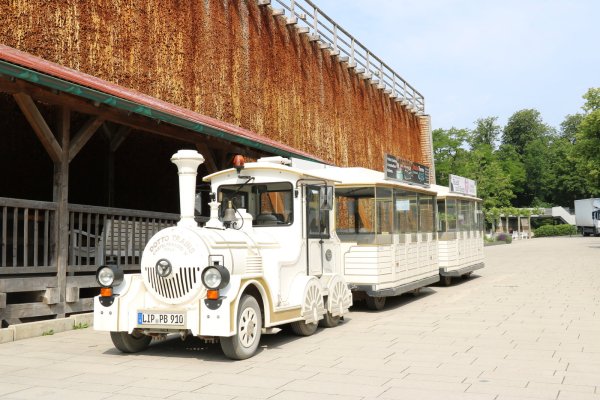Die Paulinchen-Bahn fährt die Parkstraße entlang. Momentan sind nur zwei Waggons angehängt. - © Alexandra Schaller