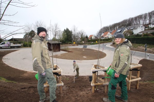 Grünarbeiten führen Eugen Wiebe (von links), David Harrack und Jonas Sauer von der Kalletaler Firma Reineke aus. Sie haben unter anderem drei Säulenbuchen eingepflanzt. In der Mitte der Buswendeschleife sind Samen für eine Blühwiese eingesät. - © Jens Rademacher