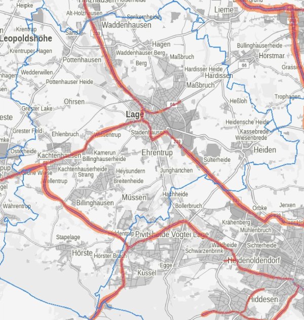 Die Lärmkarte zeigt, dass die Lärmbelastung an den Bundesstraßen B 66 und B 239 besonders hoch ist. - © Grafik: Stadt Lage