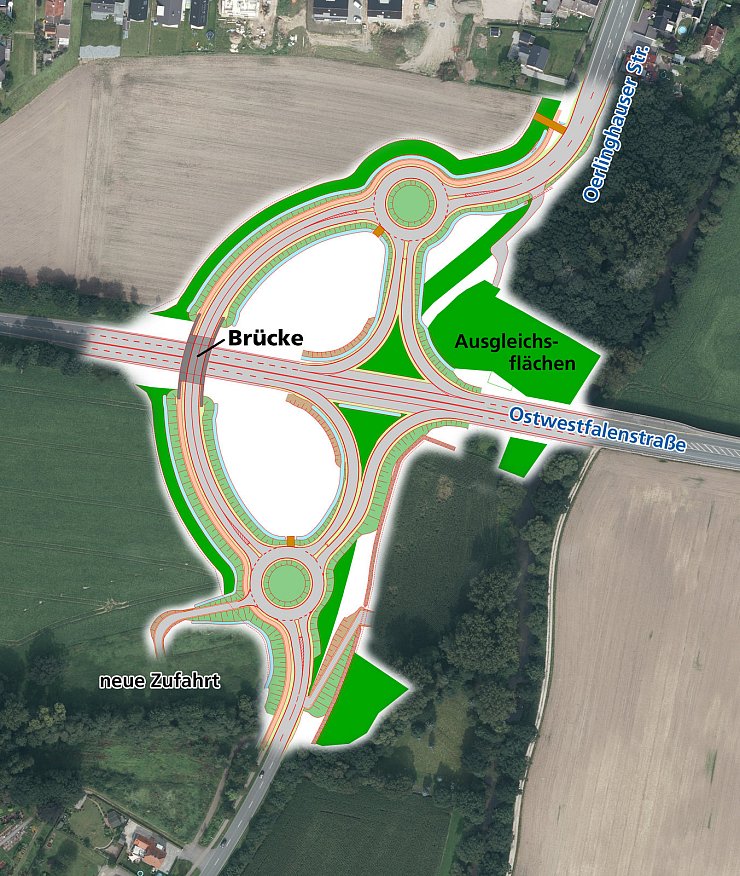 Die Oerlinghauser Straße wird künftig über eine Brücke über die Ostwestfalenstraße geführt und mit zwei Kreiseln an die Schnellstraße angebunden. Die Wülferstraße ist nicht auf dem Plan zu erkennen, sie führt wie gehabt zur
Oerlinghauser Straße. Der Arm unten links ist eine Feldzufahrt. - © Land NRW (2019) / Grafik: Straßen.NRW / Montage: Oliver Wendtland