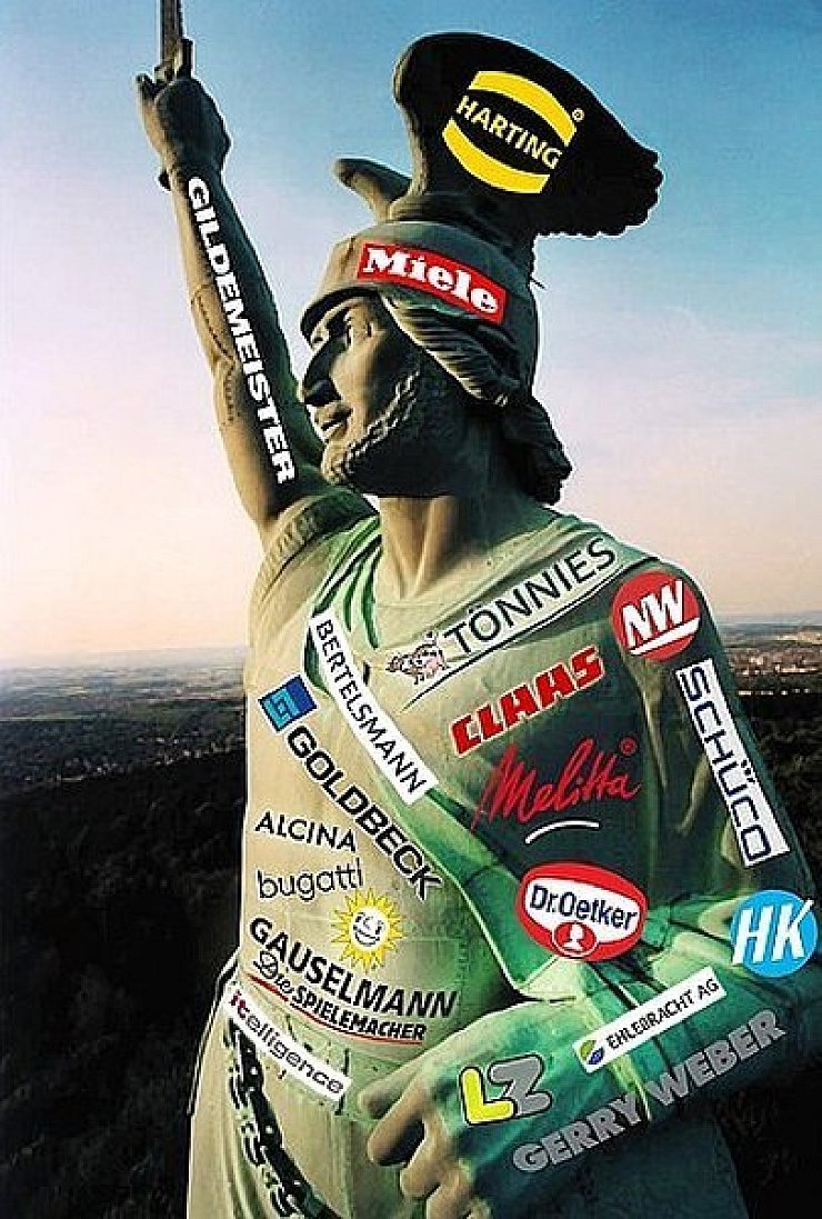 Zum NRW-Tag soll das Hermannsdenkmal vermarktet werden. Wir haben schon mal ausprobiert, wie das aussehen könnte. - © FOTO: LVL/ILLUSTRATION: SILKE SALBERT