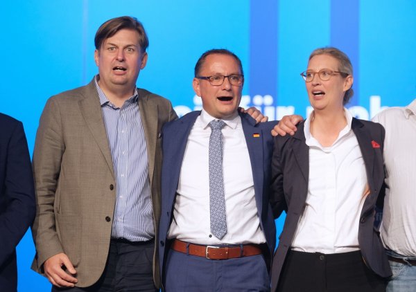 Maximilian Krah, Tino Chrupalla und Alice Weidel von der AfD. - © Sebastian Willnow/dpa