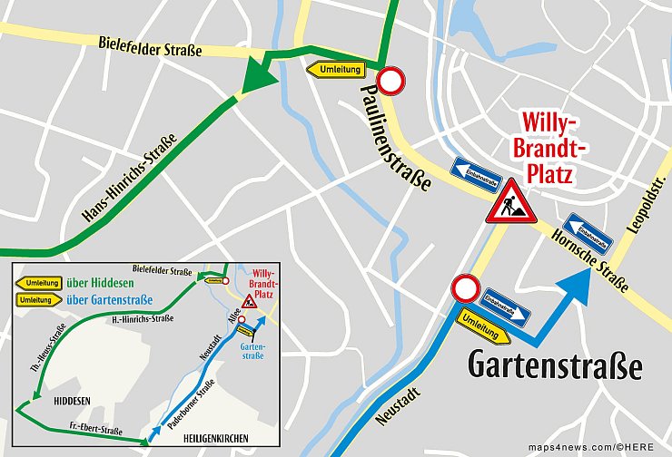 Die Umleitung: Die Hornsche- und die Paulinenstraße werden zur Einbahnstraße, die in Richtung Bahnhof befahren werden kann. Aus Heiligenkirchen geht es über die Gartenstraße. Wer nach Heiligenkirchen will, muss über Hiddesen ausweichen. - © Grafik: Oliver Wendtland