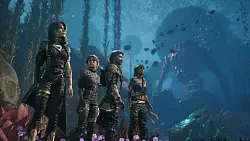 Unser Expeditionsteam – hier Lune, Maelle, Gustave und Sciel, wird gleich nach der Landung ordentlich in die Mangel genommen – und verändert sich im Laufe des Spiels noch. - © Sandfall Interactive/Kepler Interactive