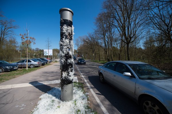Ein Blitzer in der Metzer Straße in Saarbrücken ist mit Teer und Federn überzogen. - © dpa