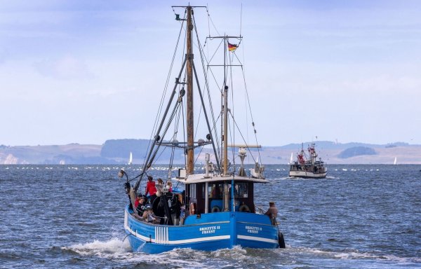 Fischkutter fahren vom Meeresarm Peenestrom auf die Ostsee. - © Jens Büttner/dpa