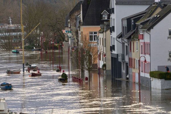 Die Häuser der Uferstraße der Rheininsel Niederwerth stehen im Hochwasser des Rheins. - © Thomas Frey/dpa