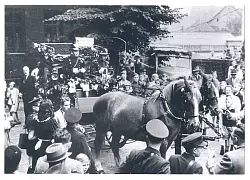 Gro&szlig;er Andrang: Die letzte Fahrt der Lagenser Postkutsche wurde 1954 von vielen Menschen begleitet. - &copy; Stadtarchiv Lage