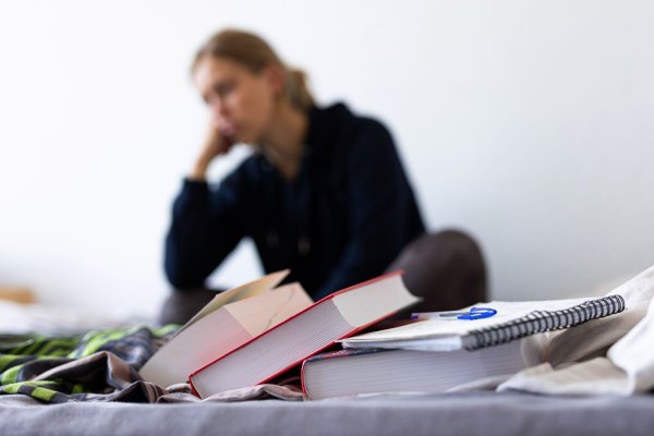 Eine Studentin sitzt auf dem Bett in ihrem WG-Zimmer, vor ihr liegen Lehrbücher und ein Notizbuch. - © Michael Matthey/dpa/Illustration