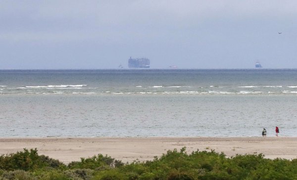 Der Autofrachter «Fremantle Highway» ist vom Strand der niederländischen Insel Schiermonnikoog aus am Horizont zu sehen. - © Anton Kappers/vifogra/dpa