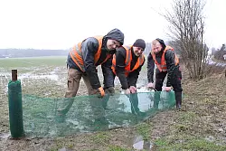 Teamarbeit: J&ouml;rg Werning, Harri Siemens und Walter Frei vom Bauhof bauen einen Kr&ouml;tenzaun am Gut Eckendorf auf.