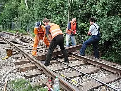 Kräftige Männer: Auch mit dem Fachwissen von pensionierten Bundesbahnern bleibt die Gleis-Instandsetzung schwere Arbeit. Foto: Privat