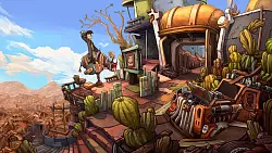 "Deponia" besticht mit handgemalten Grafiken und Zeichentrick-Animationen im Comic-Stil. Hier beispielsweise wird Rufus achtkantig von einem Rodeo-Bullen geschleudert. - © Daedalic Entertainment