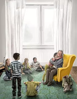 Die Kindheitsgeschichte von Rozette Kats ist im Buch in eine Rahmenhandlung eingebettet. Die Holocaust-&Uuml;berlebende erz&auml;hlt darin Grundschulkindern vom Schicksal ihrer Familie. Der gelbe Sessel ist ein wiederkehrendes Element, das zu Orientierung dient. - &copy; Francis Kaiser/ Peter Hammer Verlag