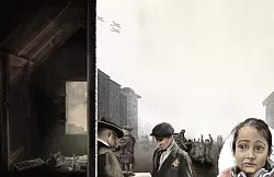 Die Szene ist mit einer der brutalsten im Bilderbuch. Im Zentrum sieht der Betrachtende j&uuml;dische M&auml;nner vor bewaffneten SS-M&auml;nnern knien. Die M&auml;nner ergeben sich, strecken die Arme in die Luft. Illustratorin Francis Kaiser hat die Szene erst am Rand des Bildes setzen wollen, sich dann aber nach dem Ratschlag ihrer Lektorin, anders entschieden. "Sie hat gesagt, wenn du den Schrecken zeigen willst, solltest du ihn nicht verstecken." - &copy; Francis Kaiser/ Peter Hammer Verlag