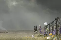 Die Zeichnung zeigt die gerade Erwachsenen bekannten Z&auml;une des Konzentrationslagers Auschwitz. Im Vordergrund wachsen Blumen. Der Kontasrt soll KIndern dabei helfen, selbst zu entscheiden, wie tief sie in die Rezeption einsteigen wollen. - &copy; Francis Kaiser/ Peter Hammer Verlag