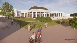 So soll das neue Kurhaus ab Mitte 2025 aussehen. Rund um den Galasaal (mit dem gew&ouml;lbten Dach) entstehen neue Geb&auml;udeteile. - &copy; Eggersmann-Gruppe