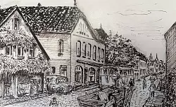 Die Oerlinghauser Hauptstra&szlig;e nach einer Zeichnung von Ernst Meier. Das zweite Haus links ist die heutige Buchhandlung Blume. - &copy; Repro: Horst Biere