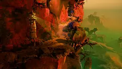 Jetzt bloß nicht abstürzen: Der Leuchtturm unterwegs auf einem schmalen Pfad am Abgrund. - © Double Fine Productions/Microsoft/dpa-tmn