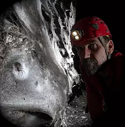 Ein Wissenschaftler vor dem riesigen Spinnennetz - &copy; Marek Audy/Urak et al. 2025, Subterranean Biology, CC BY 4.0/dpa