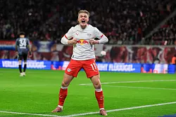 Der Leipziger Conrad Harder jubelt nach seinem Treffer zum 1:0. Es war sein erstes Pflichtspieltor im RB-Trikot. - © Jan Woitas/dpa