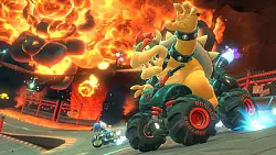 Feuerspeiend unterwegs: Bowser auf einem Quad in «Mario Kart World». - © Nintendo/dpa-tmn