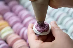 Das Baisergebäck Macaron wird in einer Bäckerei mit einer Spritztüte befüllt. (Archivbild) - © Sebastian Kahnert/dpa