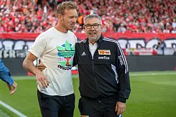 Begegneten sich in der Bundesliga: der heutige Bundestrainer und frühere Bayern-Coach Julian Nagelsmann und Fischer, damals noch als Trainer des 1. FC Union. (Archivbild) - © Andreas Gora/dpa
