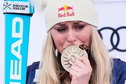 Emotionaler Podestplatz: Lindsey Vonn im M&auml;rz in Sun Valley. (Archivbild) - &copy; John Locher/AP/dpa