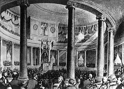 Die zeitgen&ouml;ssische Darstellung zeigt die erste Sitzung der Nationalversammlung, die von ihrem Pr&auml;sidenten Heinrich von Gagern am 18. Mai 1848 in der Frankfurter Paulskirche er&ouml;ffnet wurde. - &copy; -/dpa