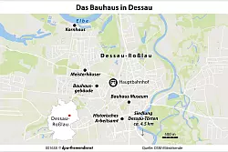 In Dessau lässt sich Architekturgeschichte auf dem Fahrrad erleben, es gibt eine Bauhausbauten-Radtour. Die Highlights im Stadtzentrum sind auch zu Fuß machbar. - © dpa-infografik/dpa-tmn