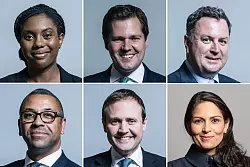 Sechs Kandidatinnen und Kandidaten haben offiziell Bewerbungen angek&uuml;ndigt: Kemi Badenoch, Robert Jenrick und Mel Stride, Priti Patel, Tom Tugendhat und James Cleverly (im Uhrzeigersinn). - &copy; Uncredited/UK Parliament/AP/dpa