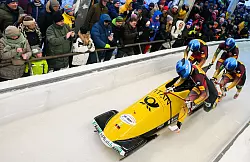 Johannes Lochner war nach dem ersten Durchgang im Viererbob-Weltcup nur auf Rang zwei. F&uuml;r mehr reichte es auch nach zwei L&auml;ufen nicht. - &copy; Robert Michael/dpa