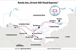 Vier Länder auf knapp 4.600 Schienenkilometern: auf Bahnreise von Usbekistans Hauptstadt Taschkent bis ins kasachische Almaty. - © dpa-infografik GmbH/dpa-tmn
