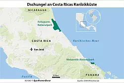 Dschungel am Meer: Auf Touren in Nationalparks wie Tortuguero und Manzanillo k&ouml;nnen Urlauber exotische Tiere von Faultier bis Tukan in freier Wildbahn erleben. - &copy; dpa-infografik/dpa-tmn