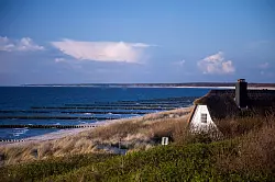 Blick aufs Meer: Reetgedeckte Ferienhäuser sind auch auf Fischland-Darß-Zingst typische Unterkunft. - © Jens Büttner/dpa/dpa-tmn