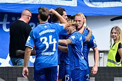 Die Darmstädter bejubeln das Führungstor von Isac Lidberg. - © Uwe Anspach/dpa