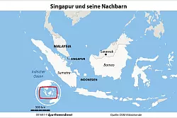 An der Spitze der Malaiischen Halbinsel liegt &ndash; auf einer Fl&auml;che etwa so gro&szlig; wie Hamburg &ndash; der Stadtstaat Singapur mit seinen sechs Millionen Einwohnern und vielf&auml;ltigen kulturellen Einfl&uuml;ssen. - &copy; dpa-infografik/dpa-tmn