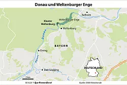Die Weltenburger Enge, Bayerns nationales Naturmonument, ist Kern des gleichnamigen Naturschutzgebiets und zugleich ein Touristenmagnet. - © dpa-infografik GmbH/dpa-tmn