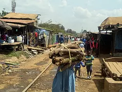 Eine Frau tr&auml;gt ein B&uuml;ndel Brennholz entlang der Bahnstrecke, die durch Nairobis gr&ouml;&szlig;ten Slum Kibera f&uuml;hrt. (Archivbild) - &copy; Eva Krafczyk/dpa