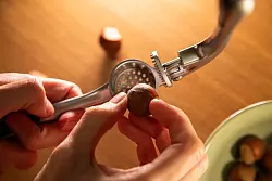 Schritt 1: Haselnuss in die Knoblauchpresse legen. - © Christin Klose/dpa-tmn