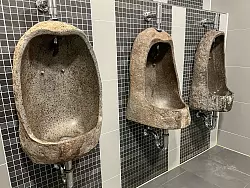 Stilles Örtchen mit historischem Flair: Urinale im Steinzeit-Look schmücken eine Toilette in Schöningen. - © Ralf Johnen/dpa-tmn