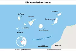Beliebtes Sonnenziel im Herbst und Winter: Die Kanaren vor der Westküste Afrikas locken mit ganzjährig angenehmem Klima - die einzelnen Inseln haben alle ihre eigenen, speziellen Vorzüge. - © dpa-infografik/dpa-tmn