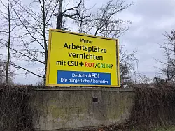 Auff&auml;llige AfD-Wahlwerbung wie hier in Bamberg ist auch in anderen St&auml;dten in Deutschland zu sehen. Es handelt sich nicht um offizielle AfD-Wahlplakate, sondern um eine Aktion des Spenders Gerd Dingler aus &Ouml;sterreich. (Archivbild) - &copy; David Hutzler/dpa