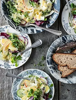 Schmeckt auf dem Teller, aber auch unterwegs: ein bunter Käsesalat mit Birne und Senfsoße, dazu Brot. - © Wolfang Schardt/Becker Joest Volk Verlag/dpa-tmn